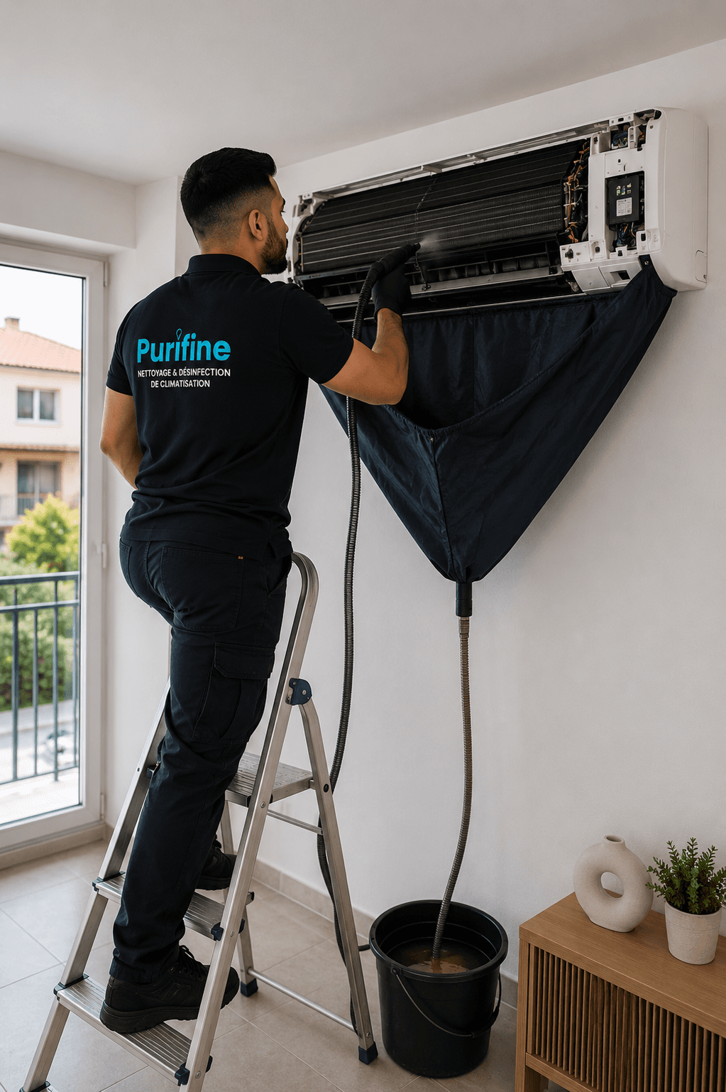 Illustration d’un nettoyage de climatisation murale avec protection